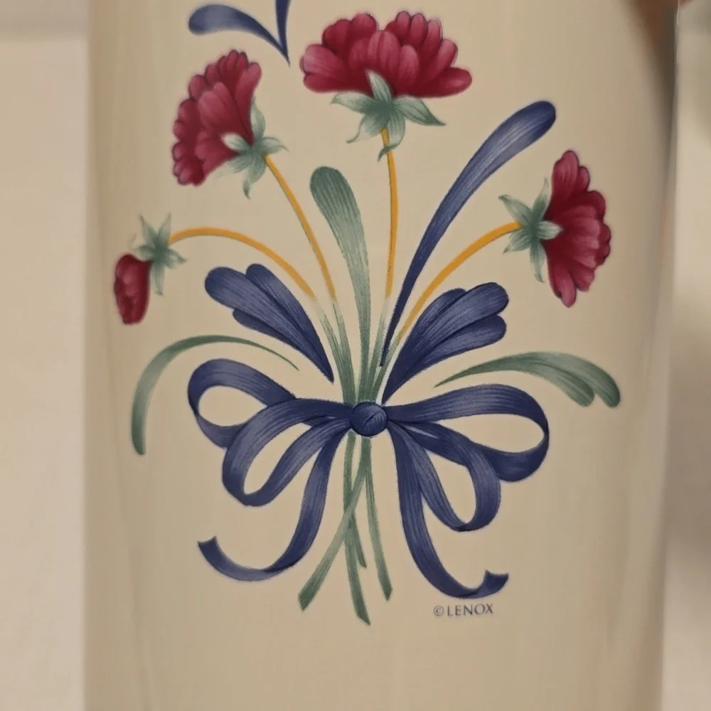 Beautiful Lenox Floral Ceramic Mug with Blue Ribbon Design